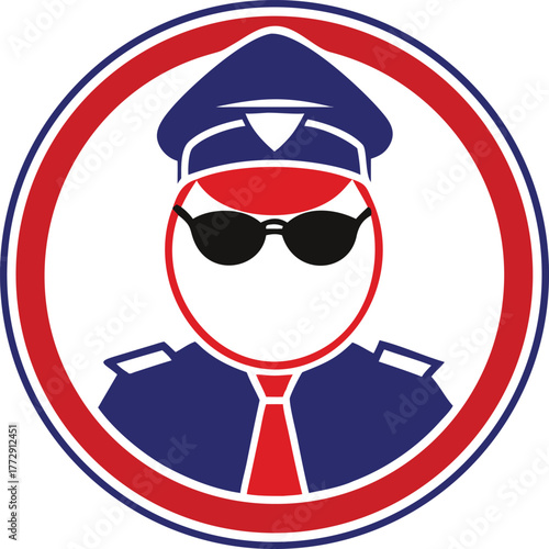Professional human figure icon in uniform wearing a hat and dark sunglasses within a strong circular emblem