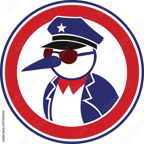Whimsical bird like officer character wearing a captain hat and cool sunglasses within a classic circular emblem