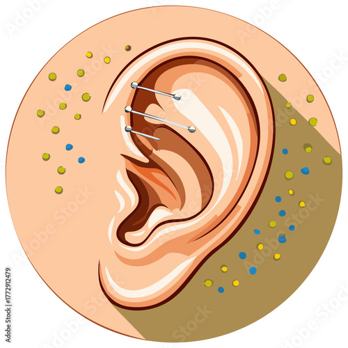 Vector illustration of a human ear with multiple cartilage piercings and signs of infection or irritation