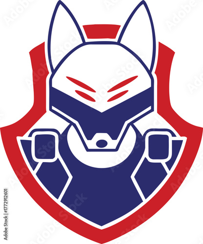 Aggressive stylized fox character with distinct red eye markings framed by a prominent red shield emblem