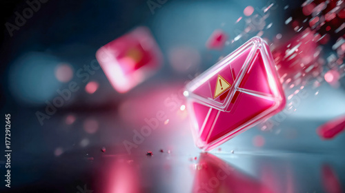Bright red email icon with alert symbol, representing phishing scams, data breaches, and cybersecurity threat prevention