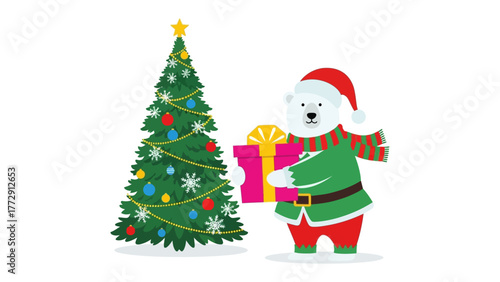 Holiday Bear: A cheerful polar bear, adorned in festive attire, stands beside a brilliantly decorated Christmas tree, bearing a beautifully wrapped gift.