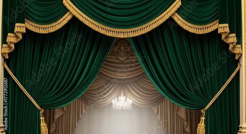 Elegant Stage Curtains Background - Luxurious velvet curtains with gold trim, perfect for theatrical backdrops and elegant events