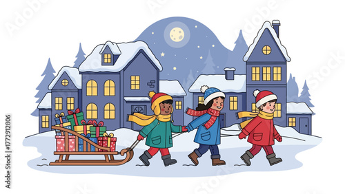Winter Wonderland Delivery: Joyful children pull a sleigh laden with gifts through a snowy village on a starlit night. Capturing the spirit of togetherness, magic, and the anticipation of giving.