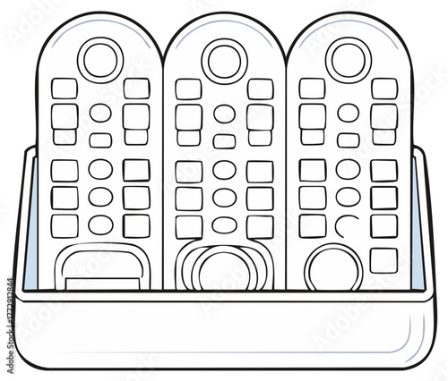Collection of remote controllers in a storage holder monochrome vector art
