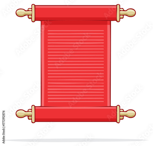 Red scroll document with wooden handles and parchment text illustration