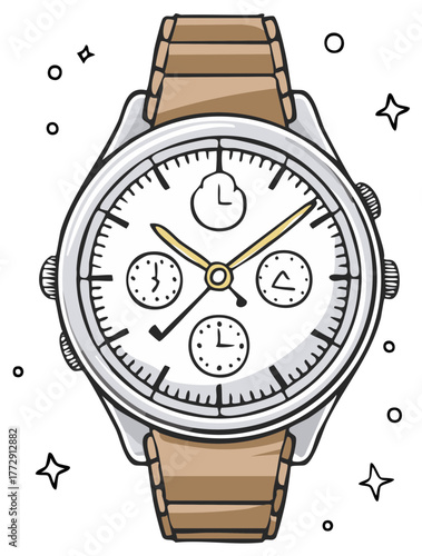 Elegant wrist watch with a silver frame, brown strap, and white face, surrounded by charming sparkles and circles