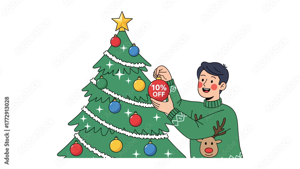 Fototapeta premium Holiday Decoration: A person meticulously decorates the christmas tree with christmas ornament, spreading holiday cheer and creating a festive atmosphere.