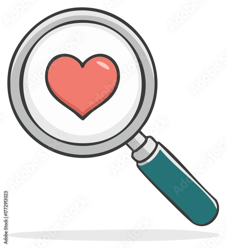 Searching for love concept with a magnifying glass over a red heart icon