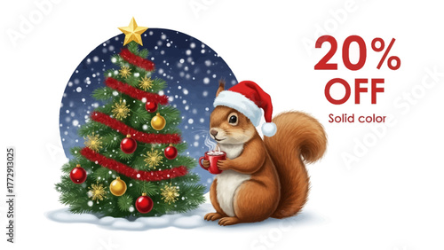 Festive Squirrel and Christmas Discount: A charming illustration featuring a festive squirrel and a decorated Christmas tree, with a 20% OFF promotional offer.