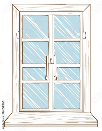 Closed wooden window frame with six glass panes and sill vector illustration