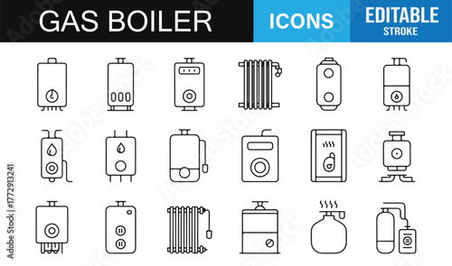 Gas Heater Icon Pack | Editable Line Stroke Vector Set for Home Heating and Energy Technology