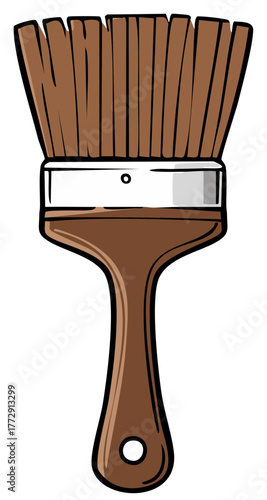 Cartoon paint brush with brown bristles and handle for painting and home improvement work