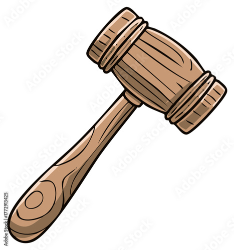 Cartoon wooden gavel with handle. Illustration of a courtroom gavel.