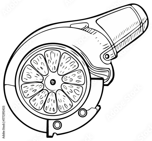 Abstract line drawing of a hybrid mechanism with an organic citrus fruit slice wheel