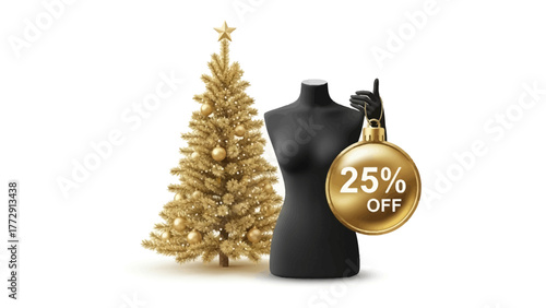 Festive Fashion Discount: A golden Christmas tree and a black mannequin showcase a celebratory 25% discount, harmoniously blending holiday cheer with retail offerings. 