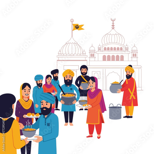 Sikh community volunteers serving free food at a Gurdwara, a representation of the Langar tradition and selfless service