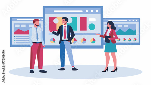 Business professionals collaborating and discussing data analytics and financial reports on digital screens in a modern office setting