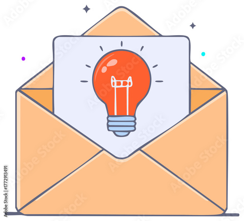 An envelope with an orange light bulb on paper, representing ideas and creative solutions