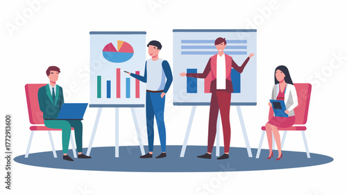 Diverse business professionals collaborating and presenting data charts and graphs during a meeting in a modern office setting