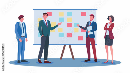 Diverse team of professionals collaborating and brainstorming ideas using a whiteboard with sticky notes during a business meeting