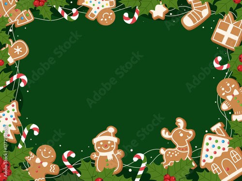 Christmas frame with gingerbread cookies, men, houses, Christmas trees, candy canes and holly. Vector holiday decor for greeting cards, invitations, posters, seasonal projects. Green background.