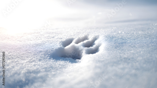 Animal paw print in fresh snow with sunlight illuminating the winter landscape and textures