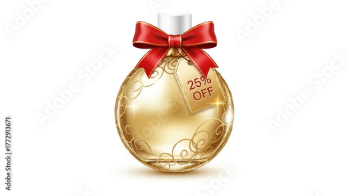 Golden Fragrance with Festive Ribbon: The elegant perfume bottle, adorned with a crimson ribbon, offers a luxurious essence and exclusive deal. It is a symbol of sophistication and an ideal gift.
