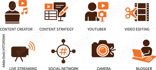 Modern flat vector icons representing content creation, social media, and digital marketing tools. Perfect for creators, influences, and creative business projects.