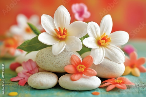 White flowers and spa stones creating zen harmony