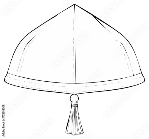 Traditional Muslim Skullcap Illustration with Tassel, Prayer Cap Sketch, Religious Headwear