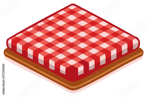 Isometric illustration of a picnic table with red and white checkered tablecloth