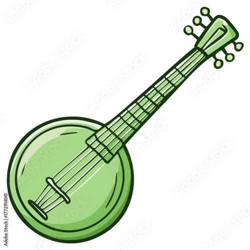 Light Green Banjo Style Instrument with Fretboard and Strings Illustration