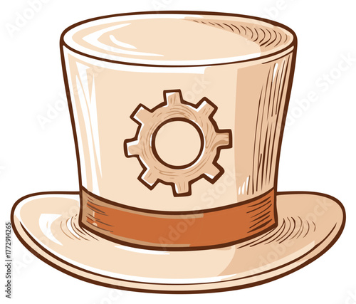 Vintage Steampunk Top Hat with Gear Emblem Cartoon Illustration