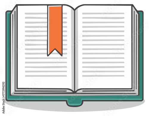 Open book with bookmark showing pages of text and an orange marker