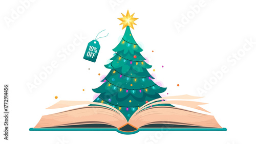 Christmas Tree Book illustration: a story of Christmas Tree with open book and a hanging 50%off tag. The festive image brings together the essence of Christmas, reading, and commerce.