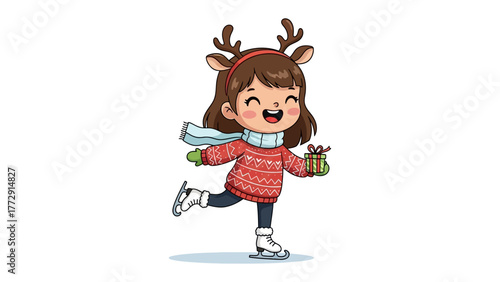 Holiday Cheer on Ice: A cheerful young girl, adorned in a festive reindeer antler, skates across the ice, embracing the joy of the winter season and holding a wrapped gift.