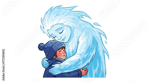 Animated Embrace: A tender moment of warmth and affection, where a mystical being wraps its arms around a child in a heartwarming hug, symbolizing love and protection.