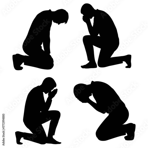 Four silhouettes of people kneeling in prayer or despair