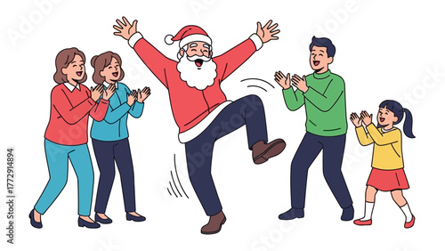 Celebration with Santa: A jolly Santa Claus is dancing in joy, surrounded by an ecstatic family, celebrating the holiday season with applause and laughter.