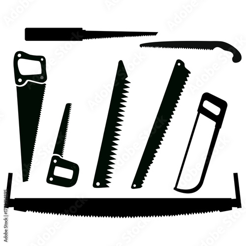 Collection of various hand saws and blades