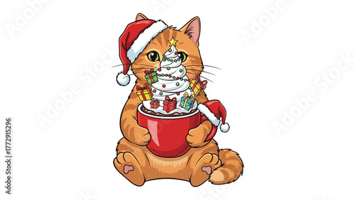 Festive Feline with Holiday Cocoa: An adorable ginger cat, donned in a Santa hat, lovingly cradles a mug of festive holiday cocoa, a charming scene to bring holiday cheer and warmth.