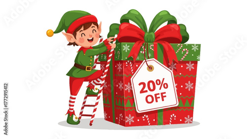 Christmas Elf with Gift: A cheerful Christmas elf, full of glee, is adorning a festive gift box, with a label offering a seasonal discount. it's the season for giving and joyous savings!
