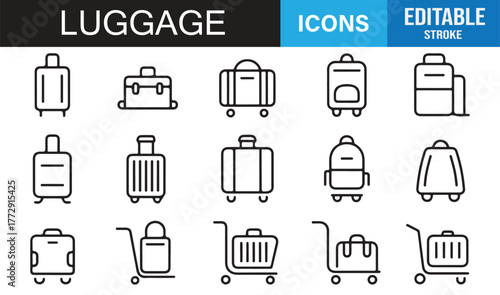 Travel Luggage Vector Icon Set | Editable Line Stroke Suitcase and Baggage Outline for Tourism and Journey Design