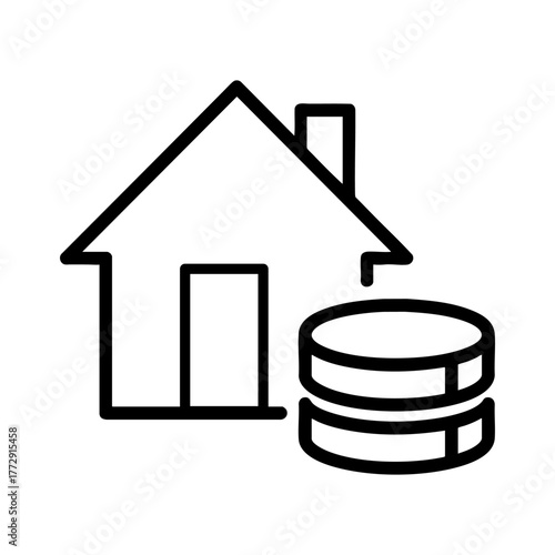 House with Coins Line Icon. Real Estate Investment, Mortgage, Property Value, Financial Savings, and Home Loan Concept in Minimal Vector Illustration.