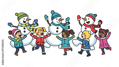 Winter Wonderland Revelry: A cheerful group of children and snowmen frolic and celebrate in a vibrant winter wonderland. capturing the joy and festive spirit of the season.