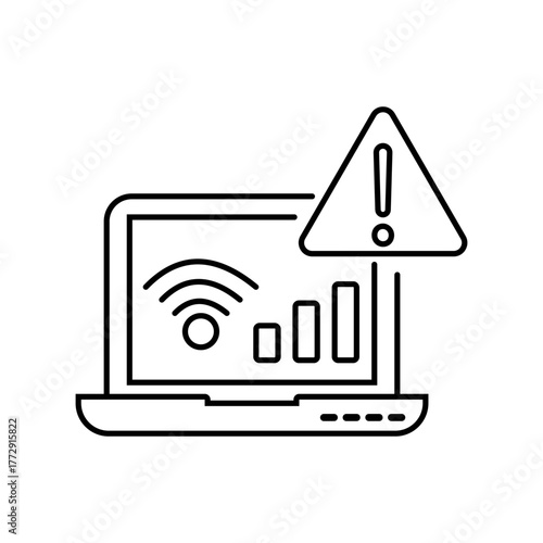 Internet Connection Error Icon with WiFi Signal and Warning Sign on Laptop Screen. Network Problem Alert Editable Stroke Vector Illustration.
