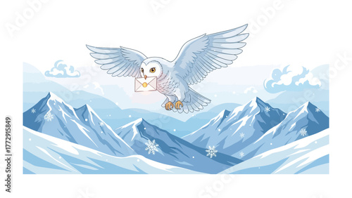Wise Messenger: An enchanting illustration of a snowy owl carrying a delicate letter across snow-capped mountains, symbolizing communication and wisdom in a serene winter landscape.