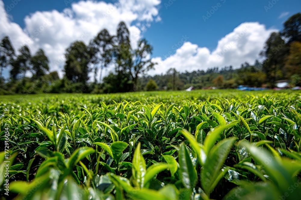 Naklejka premium Lush green tea leaves thrive under a bright blue sky in a picturesque tea plantation
