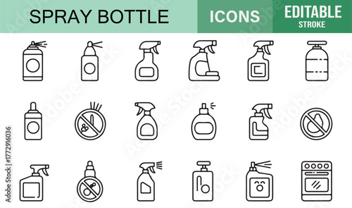 Disinfectant Trigger Bottle Outline Icons | Editable Stroke Vector for Cleaning and Chemical Packaging Design